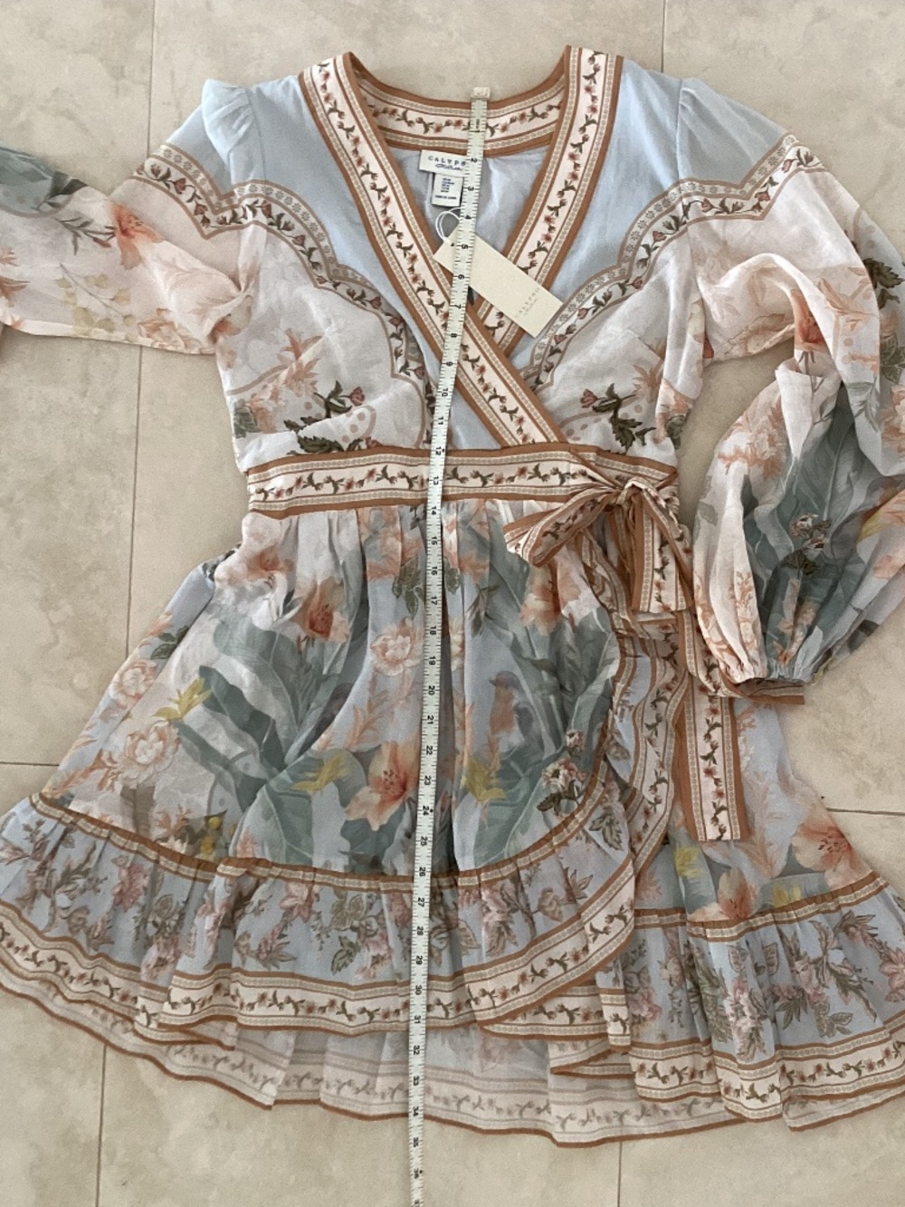 Calypso St. Barth Cotton Pastel Blue Floral V-Neck Faux Wrap Frill Mini Dress - Picture 13 of 16